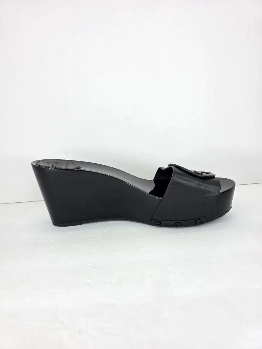 Tory Burch Patti Black Patent Slides Platform Wedge Heels Leather Sandals 9.5M